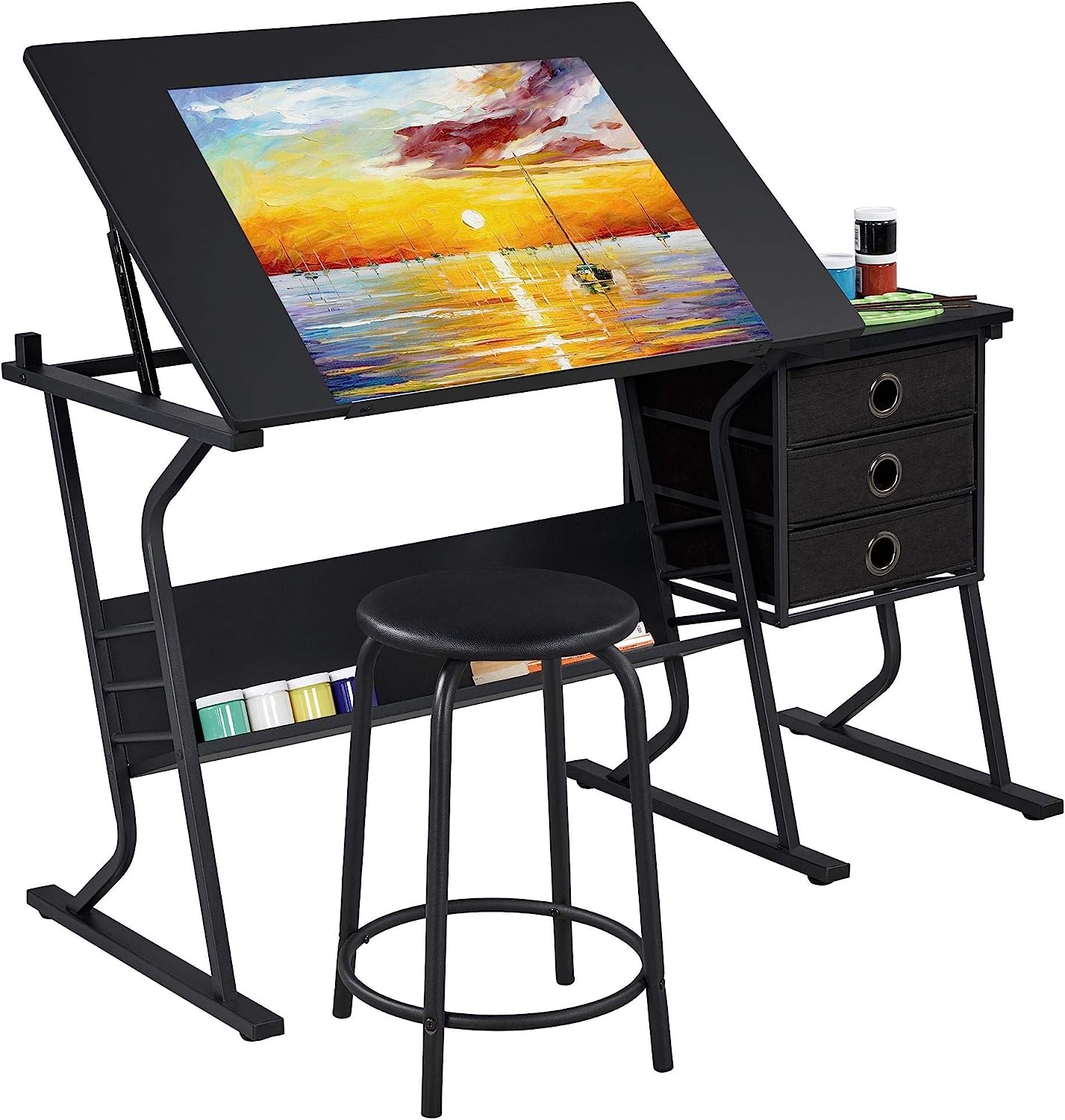 Yaheetech Drafting Table for Adults/Artists, Drawing Desk, Tabletop Adjustable Art/Craft Desk with Stool and 3 Slide Drawers, Sketching Painting Artwork Station for Art Studio Home Office School