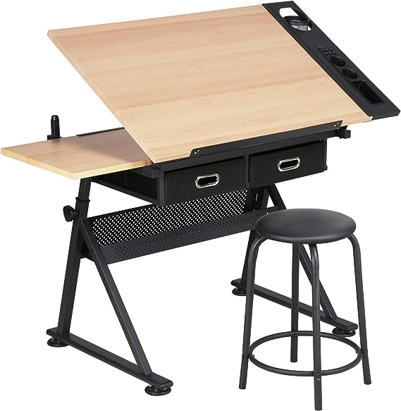 Yaheetech Height Adjustable Drafting Table Drawing Table Artist Desk Tilting Tabletop Art Craft Desk Watercolor Paintings Sketching Work Station w/2 Storage Drawers and Stool for Home Office