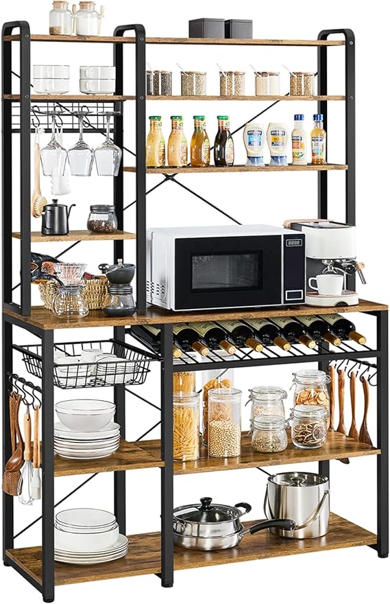 Yaheetech 43.5W Kitchen Bakers Rack with Pull Out Wire Basket, 8 Tiers Microwave Stand Coffee Bar Station w/Wine Rack & Glass Holder & 12 Hooks, Utility Storage Shelf for Dining Room, Rustic Brown