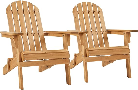 Yaheetech Folding Adirondack Chair Set of 2 Outdoor, 300LBS Solid Wood Garden Chair Weather Resistant, Fire Pit Lounge Chairs for Garden/Yard/Patio/Lawn, Natural Wood