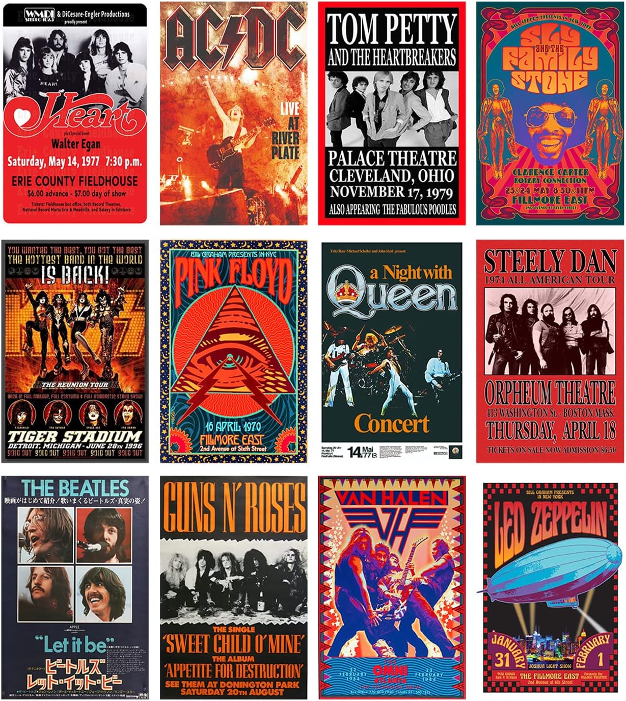 Woonkit Vintage Rock Band Posters for Room Aesthetic, 70s 80s 90s Retro Bedroom Decor Wall Art, Concert Poster Collage, Old Music Album Cover Prints (12 SET B, 7.8X11.8 INCH)