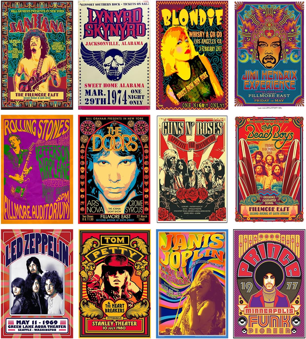 Woonkit Vintage Rock Band Posters for Room Aesthetic, 70s 80s 90s Retro Music Bedroom Decor Wall Art, Music Concert Poster Wall Collage, Old Music Album Cover Prints (12 SET A, 7.8X11.8 INCH)
