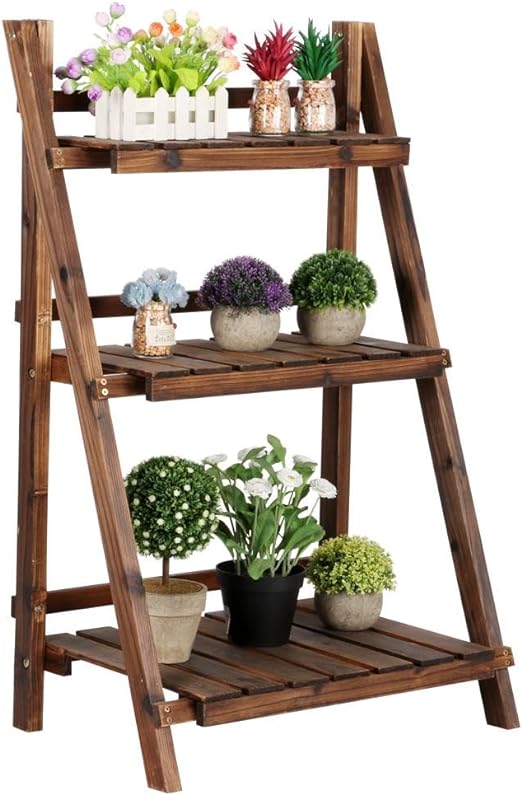 Yaheetech Folding Plant Stand Wooden Foldable Plant Shelf 3-Tier Flower Pot Stand Plants Display Shelf Rack Ladder Garden Indoors Outdoors 23.6 x 15 x 36.6in