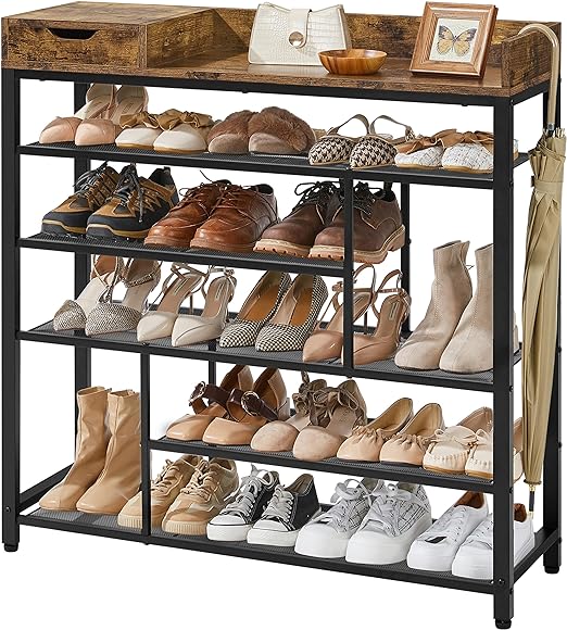 Yaheetech 6-Tier Industrial Style Shoe Rack, Rustic Brown Wood and Black Metal Frame, Holds 24 Pairs of Shoes, 39.5 x 12 x 39.5 Inch