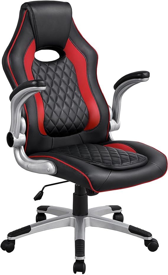 Yaheetech High Back Video Game Chairs Computer Gaming Chairs Ergonomic Adjustable Racing Style Chairs Leather Desk Task Chairs with Lumber SupportFlip-Up Armrest Red