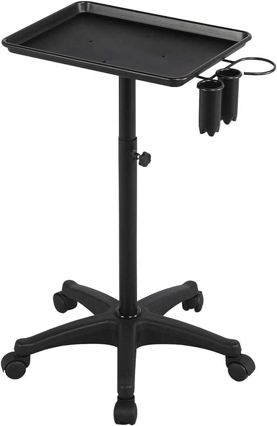 Yaheetech Rolling Salon Tray - Aluminum Trolley Cart Equipment on Wheels & Adjustable Height Mobile Beauty Salon Spa Stools Service Instrument Storage Tray w/Accessory Caddy - Black