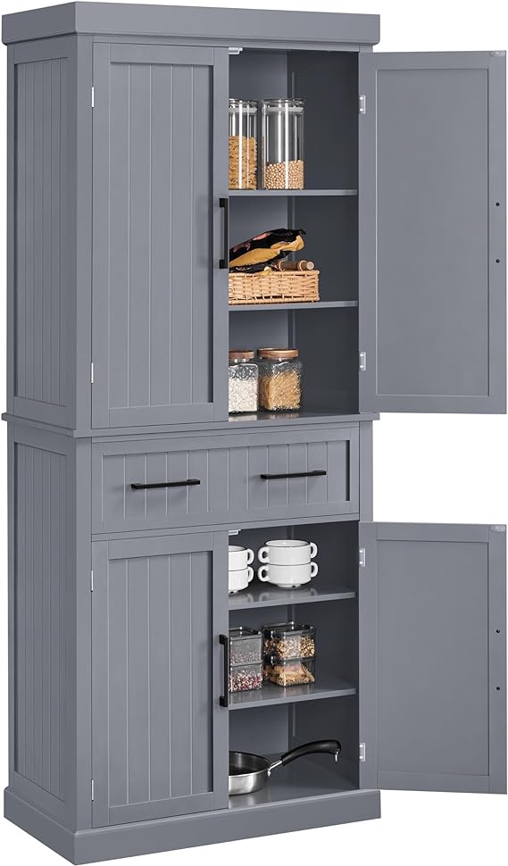 Yaheetech Kitchen Pantry Storage Cabinet with Drawer, 72.5 H Cupboard Pantry Cabinets with Adjustable Shelves and Barn Doors for Dining Room/Living Room/Laundry, Dark Gray