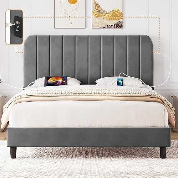 Yaheetech Queen Bed Frame with Seamlessly Connected Headboard, Velvet Upholstered Platform Bed Frame Queen Size with 2 USB Charging Stations/Ports for Type A&Type C/Wood Slat Support/Dark Gray