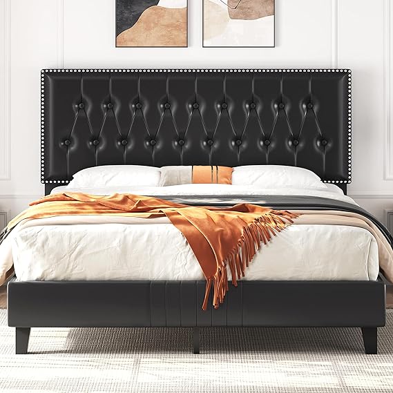 Yaheetech Queen Bed Frame Faux Leather Upholstered Platform Bed with Height-Adjustable Headboard, Button Tufting & Nailhead Trim/Noise-Free/Wood Slats Support/No Box Spring Needed, Black Queen Bed