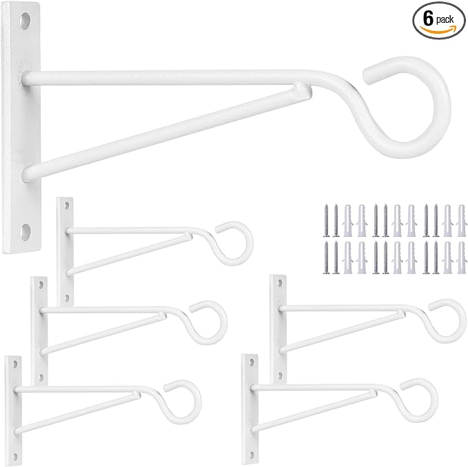 Eyrosa 5.3 Hanging Plant Hooks, 6 Pack White Hanging Basket Bracket Wall Hooks, Plant Hangers Outdoor for Fence, Lantern,Wind Chime