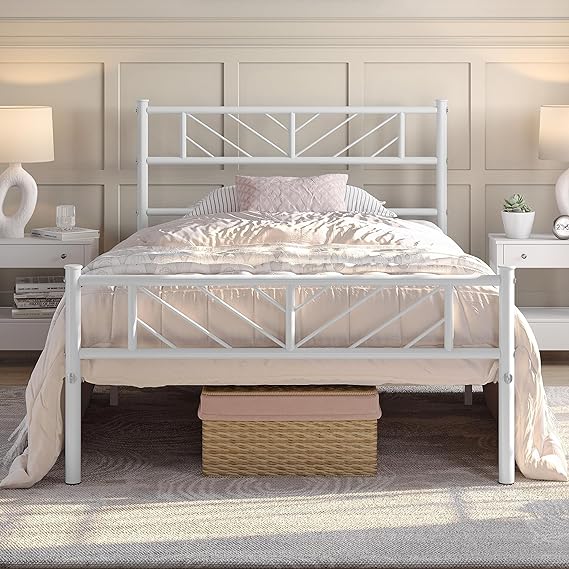 Yaheetech Twin Size Platform Bed Frame with Arrow Design Headboard, 13 Inches Metal Mattress Foundation for Storage, No Box Spring Needed, Easy Assembly, Modern, White