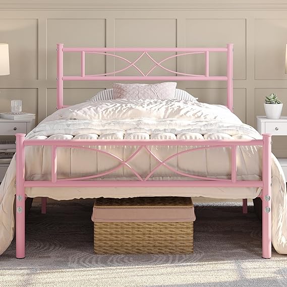 Yaheetech Metal Twin Size Bed Frame, Platform Bed Frame, Mattress Foundation with Curved Design Headboard & Footboard, NO Box Spring Needed, Heavy-Duty Support, Easy Assembly, Twin, Pink