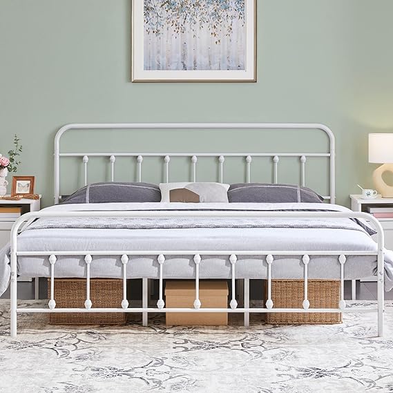 Yaheetech Classic Metal Platform Bed Frame Mattress Foundation with Victorian Style Iron-Art Headboard/Footboard/Under Bed Storage/No Box Spring Needed/King Size White