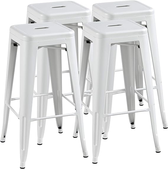 Yaheetech 30inch Barstools Counter Height Metal Bar Stools, Indoor Stackable Bartool Industrial for Bistro/Caf/Kitchen Set of 4, White