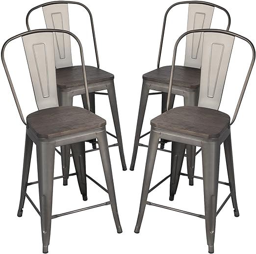 Yaheetech 24Inch Seat Height Dining Stools Chairs with Wood Seat/Top and High Backrest, Industrial Metal Counter Height Stool, Modern Kitchen Dining Bar Chairs Rustic