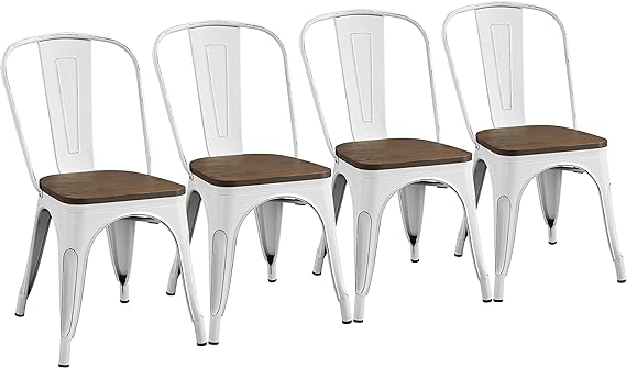 Yaheetech Set of 4 Metal Dining Chairs with Wood Seat Metal Side Chairs Kitchen Chairs with Back Bistro Caf Trattoria Kitchen, Distressed White