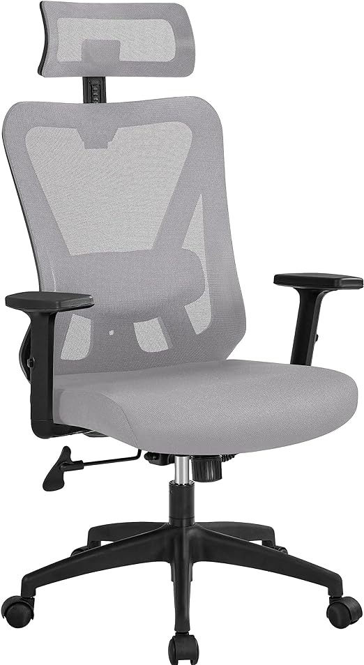 Yaheetech Office Chair Ergonomic Computer Desk Chair with Adjustable Lumbar Support Armrest and Headrest, Swivel Working Study Chair for Home Office, Light Grey