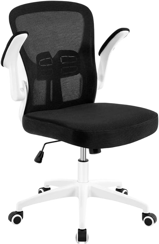 Yaheetech Ergonomic Office Chair, Swivel Task Chair with Adjustable Lumbar Support, Mid Back Mesh Computer Chair with Flip-up Armrests Padded Task Chairs, Executive Chair for Home Office White