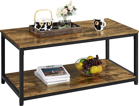 Yaheetech 2-Tier Coffee Table, Industrial Wood Coffee Table with Storage Shelf for Living Room, Rectangle Side End Table with Metal Frame, Rustic Brown