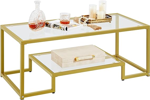 Yaheetech Gold Coffee Table, 42" Rectangular Glass Coffee Table for Living Room, 2-Tier Center Tea Table with Metal Frame for Small Space, Apartment, Office