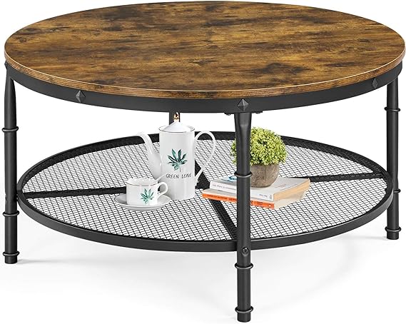 Yaheetech 35.5 Inch Round Coffee TableWooden 2 Tier Circle Coffee Table for Living Room, Industrial Coffee Table Set for Small Space, Rustic Brown