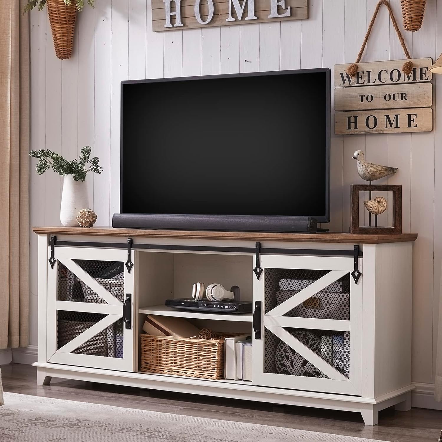 OKD Farmhouse TV Stand for 75 Inch TV, Industrial & Farmhouse Media Entertainment Center w/Sliding Barn Door, Rustic TV Console Cabinet w/Adjustable Shelves for Living Room, Antique White