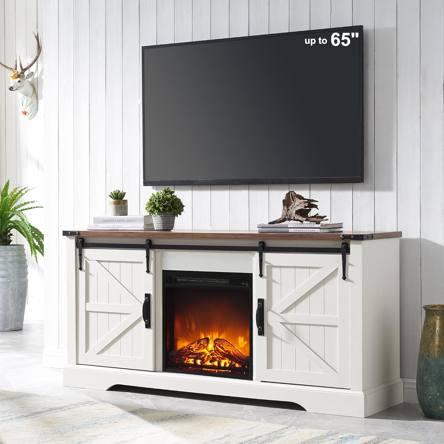 OKD Farmhouse Electric TV Stand for 65  Inch TV, Rustic Entertainment Center with 18" Fireplace, Sliding Barn Door, Storage shelves, Wood Media Console Cabinet for Living Room, Antique White