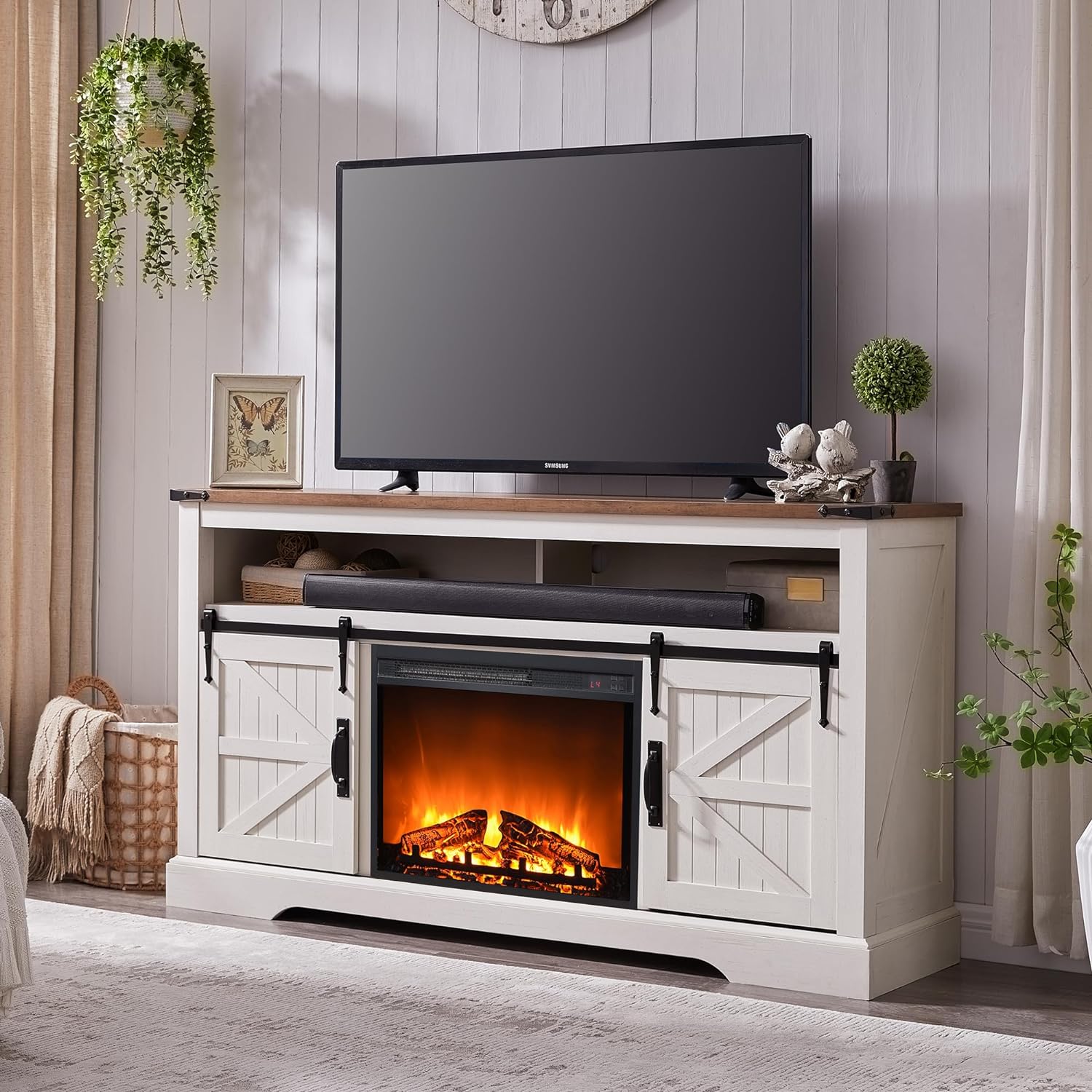 OKD Fireplace TV Stand for 65+ Inch TV, 33 Tall Highboy Farmhouse Entertainment Center w/ 23'' Electric Fireplace, Rustic Media Console w/Sliding Barn Door for Living Room, Antique White