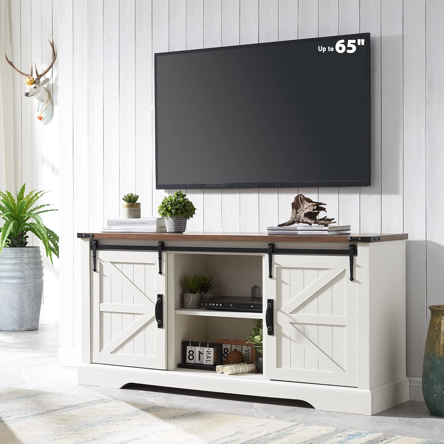 OKD Farmhouse TV Stand for 65  Inch TV, 33 Tall Highboy Entertainment Center w/Sliding Barn Door, Rustic Media Console w/Storage Shelves, Wood Television Stand for Living Room, Antique White