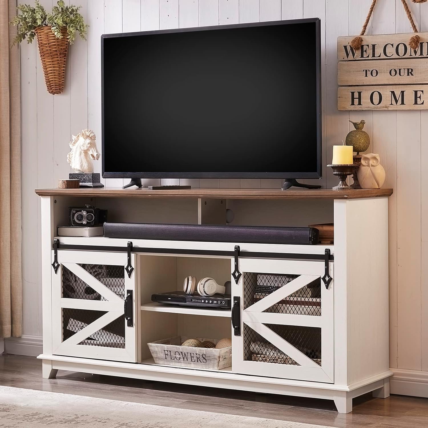 OKD Farmhouse TV Stand for 65+ Inch TV, Industrial & Farmhouse Media Entertainment Center w/Sliding Barn Door, Rustic TV Console Cabinet w/Adjustable Shelves for Living Room, Antique White