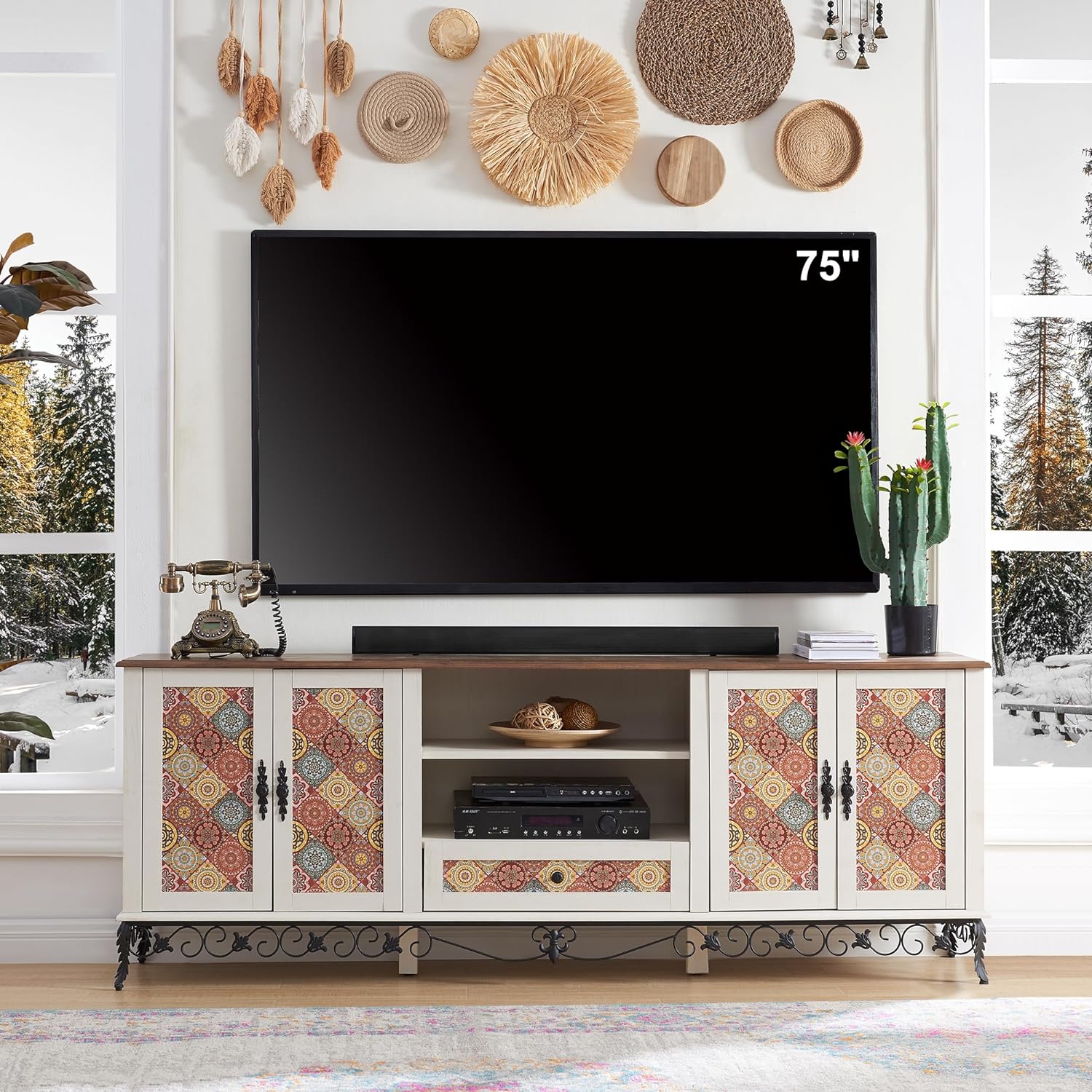 OKD Boho TV Stand for TVs Up to 85 inches, 28" Tall Highboy Entertainment Center w/Barn Door, 75" Large Wood Rustic TV Console Cabinet w/Adjustable Shelves for Living Room, Antique White