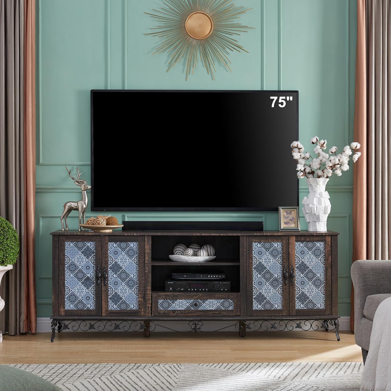 OKD Boho TV Stand for TVs Up to 85 inches, 28 Tall Highboy Entertainment Center, 75 Large Wood TV Console Cabinet w/Adjustable Shelves for Living Room, Dark Grey