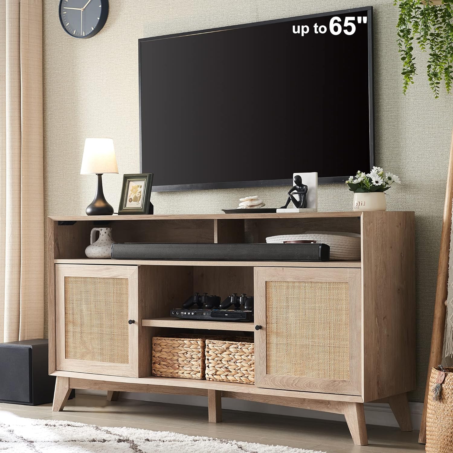 OKD TV Stand for 65+ Inch TV, 32'' Tall Highboy Entertainment Center, Mid Century Modern Media TV Console with Natural Rattan Door, Adjustable Shelves, Boho Television Stand, Oak