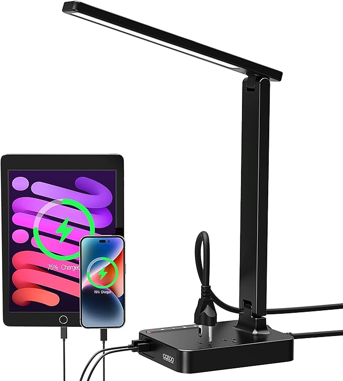 Desk Lamp,Desk Lamps for Home Office,COZOO LED Desk Lamp with 2 USB Charging Port,2 AC Outlet,3 Color Temperatures 9 Lighting Mode,Touch/Memory/Timer,Table Lamp Small Desk Light for Craft/Study/Office