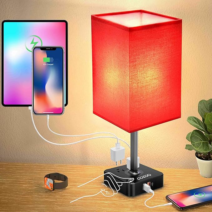 cozoo USB Bedside Table Desk Lamp with 2 USB Charging Ports and 2 Outlets Power Strip,Dimmable Table Lamp with White Fabric Shade, LED Light for Bedroom/Nightstand (Red)