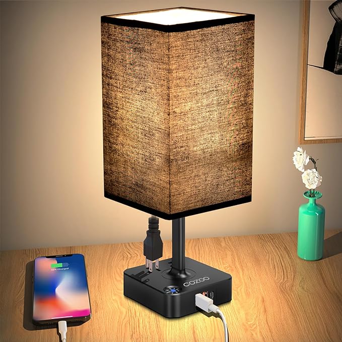 cozoo USB Bedside Table Desk Lamp with 3 USB Charging Ports and 2 Outlets Power Strip,Black Charger Base with White Fabric Shade, LED Light for Bedroom/Nightstand/Living Room (Black)