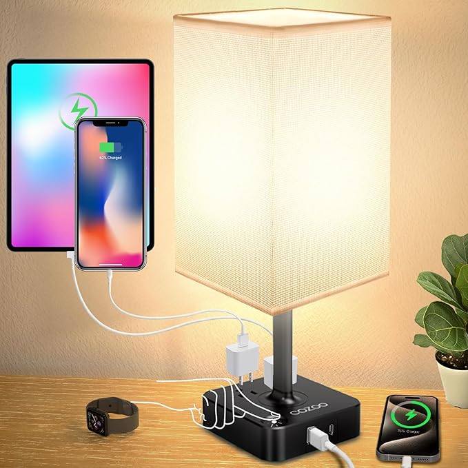 cozoo Bedside Table Lamp with 3 Levels Brightness,Dimmable Table Lamp with USB C+A Charging Ports,2 AC Outlets,Nightstand Lamp White Shade,Touch Bedroom Lamp for Living Read Work