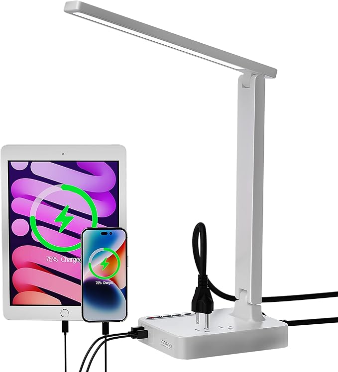 cozoo LED Desk Lamp with USB Charging Ports and Type C Port,2 AC Outlets,9 Lighting Modes,Touch/Memory/Timer Function,10W Eye Protection Foldable Reading Light,Study Lamp,Dorm Essentials Desk Light