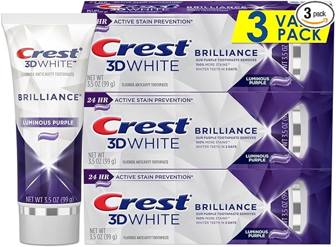 Crest 3D White Brilliance Purple Teeth Whitening Toothpaste - Pack of 3, 3.5 oz Tubes - Anticavity Fluoride Toothpaste -100% More Surface Stain Removal - 24 Hour Active Stain Prevention