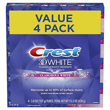 Crest Toothpaste 3D Glamorous White, Mint, (Packaging May Vary) 3.8 Oz, Pack of 4