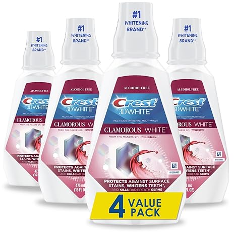 Crest 3D White Glamorous White Mouthwash, Alcohol Free Multi-Care Whitening Mouthwash, Arctic Mint, 16 fl oz (473 mL) - Pack of 4