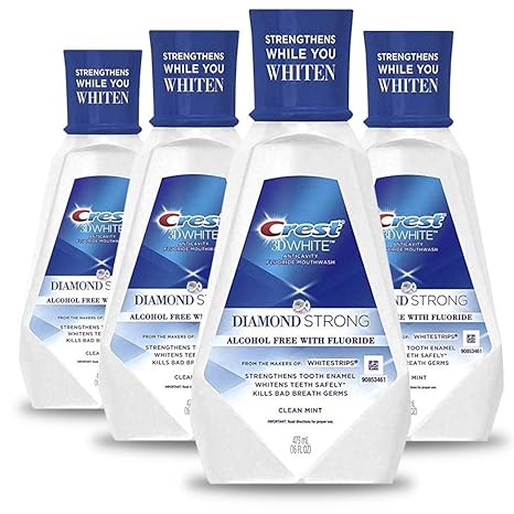 Crest 3D White Diamond Strong Mouthwash, Alcohol free, Fluoride Whitening, Clean Mint, 473 mL (16 fl oz), 4 Count