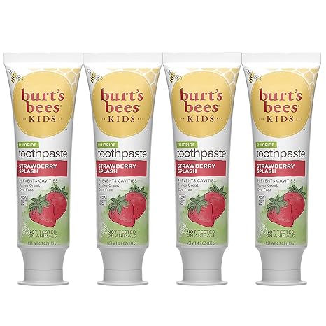 Burts Bees Kids Toothpaste, Strawberry Flavor, with Fluoride, Strawberry Splash, 4.7 oz, Pack of 4