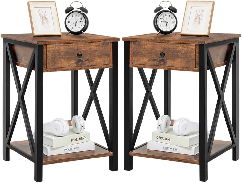 Iwell Nightstand Set of 2, End Table, Side Table with Drawer & Storage Shelf, Metal Frame, X-Design, Beside Table for Small Space, Industrial, Rustic Brown