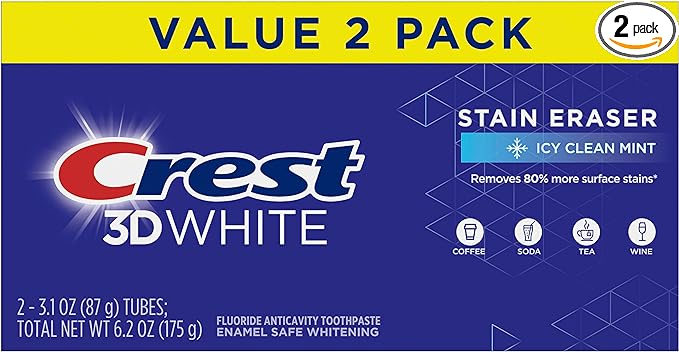 Crest 3D White Stain Eraser Teeth Whitening Toothpaste, ICY Clean Mint, 3.1 oz, Pack of 2