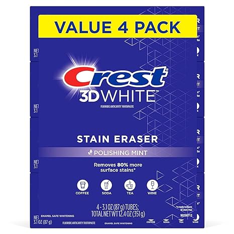 Crest 3D White Stain Eraser Teeth Whitening Toothpaste, Polishing Mint, 3.1 oz (Pack of 4)