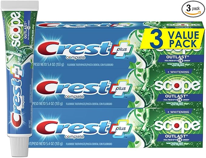 Crest Complete Whitening + Scope, Long Lasting Mint Toothpaste, Triple Pack (3 Count of 5.4 oz Tubes), 16.2 oz