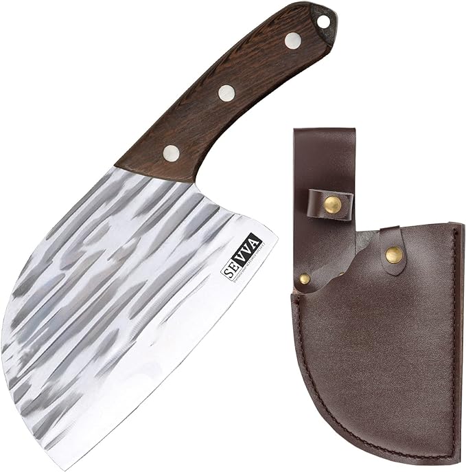 Chef Knife 6.7 Inch Meat Cleaver Forged Chef Butcher Knife Kitchen Knives,Father' Day Gift Dad Birthday Gift with Leather Sheath for Home, Kitchen Knives Black for Chopping, Slicing, Dicing & Cutting