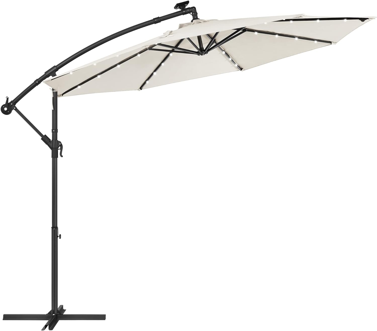 SONGMICS 10 ft Cantilever Patio Umbrella with Solar-Powered LED Lights, Outdoor Offset Umbrella with Base, Pool Garden Deck, Crank for Opening Closing, Water-Repellent, UPF 50 , Beige UGPU118M01