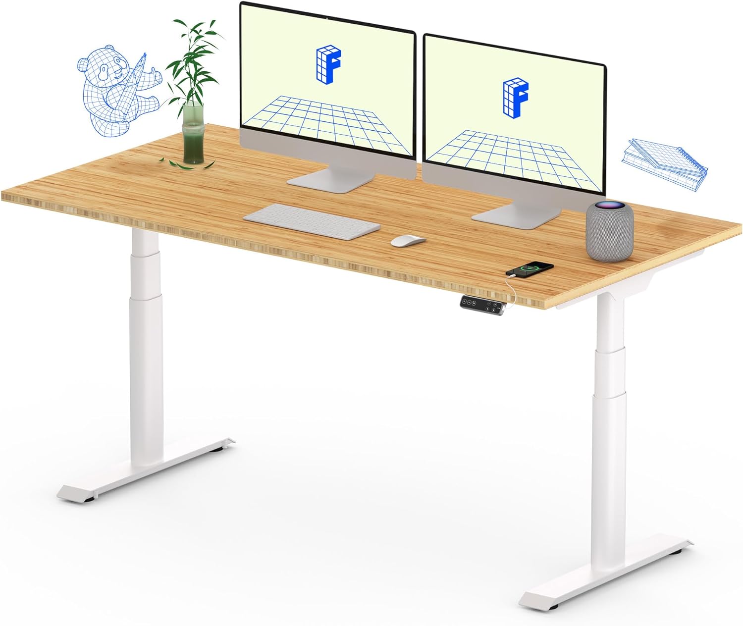 FLEXISPOT E8 Dual Motor 3 Stages Bamboo Electric Standing Desk 55x28 Inch Oval Leg Whole-Piece Board Height Adjustable Desk Electric Stand Up Desk Sit Stand Desk (White Frame   Bamboo Desktop)